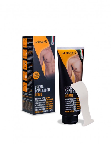 Tubo della crema depilatoria uomo decontestualizzato, con spatola e scatola visibili