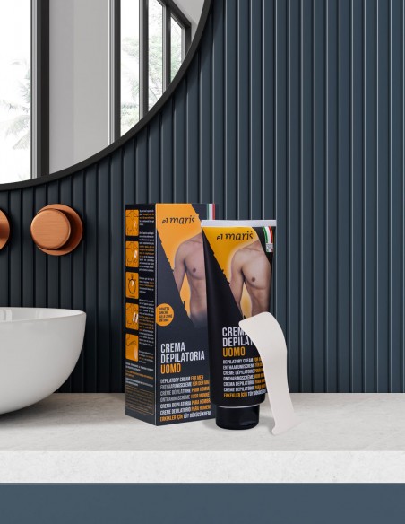Confezione della crema depilatoria uomo appoggiata accanto a un lavandino